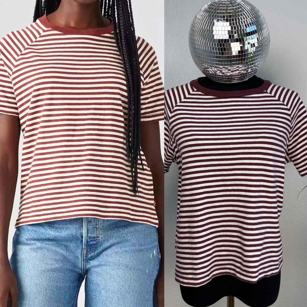 Levis Nova Stripe Burgundy White Striped Raglan Game Day Ringer T-Shirt, Medium